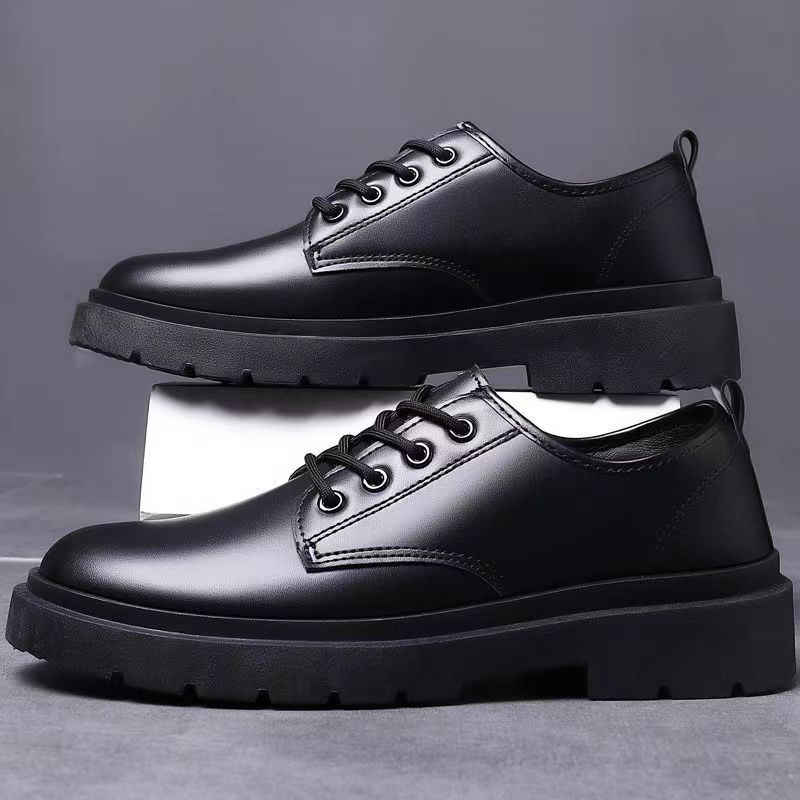 Spring And Autumn Low-top Lace-up Black British Style Work Thick-soled Men's Casual Leather Shoes_voghion.com