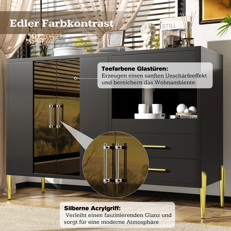 Credenza Schwarz Mit Tealfarbener Glastür, Kristallgriffen, Goldene Beine_voghion.com