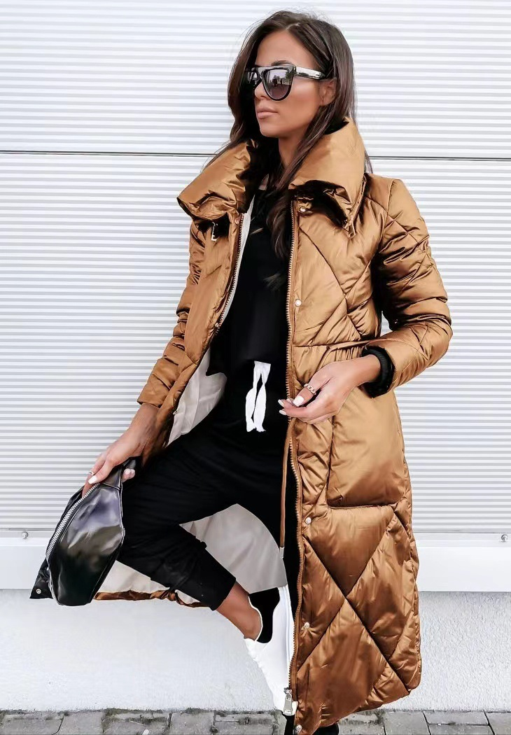 Temperament Pendler Damen Polo Halsband Down Long Sleeve Top Zipper Cotton Coat_voghion.com
