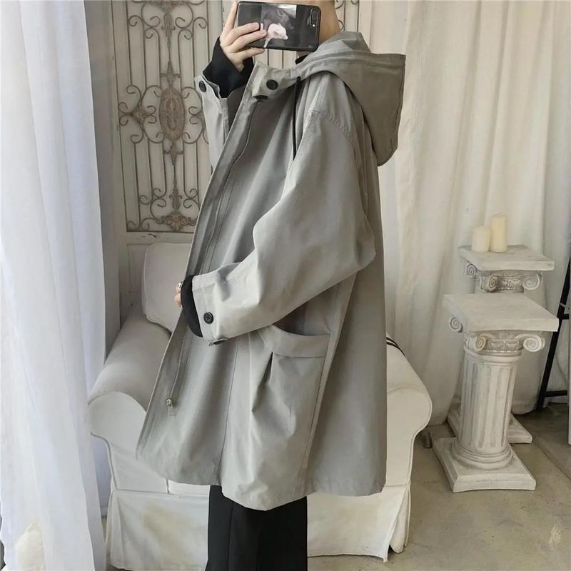 Women's Mid-Length Trench Coat For Spring Autumn, Korean Style, Trendy Loose Casual Overcoat, Versatile And Stylish Hooded_voghion.com