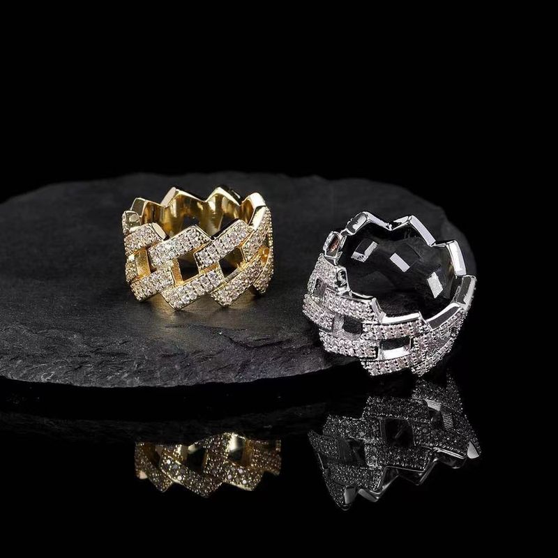 Anello da uomo con catena cubana in zirconi intarsiati in rame Hip Hop, design di nicchia, pesante, geometrico, artigianale_voghion.com