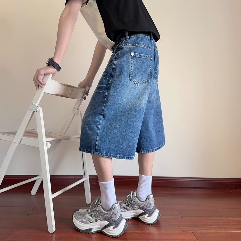Pantaloncini in denim effetto consumato da uomo con rivetti e lavaggio a fulmini – Jeans casual alla moda, lunghezza 7/5, per l'estate (blu)_voghion.com