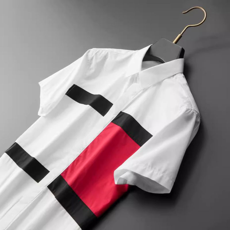 Unbeatable Quality Summer Men's Geometric Contrasting Splicing Short Sleeved Collar Woven Casual Business Shirt_voghion.com