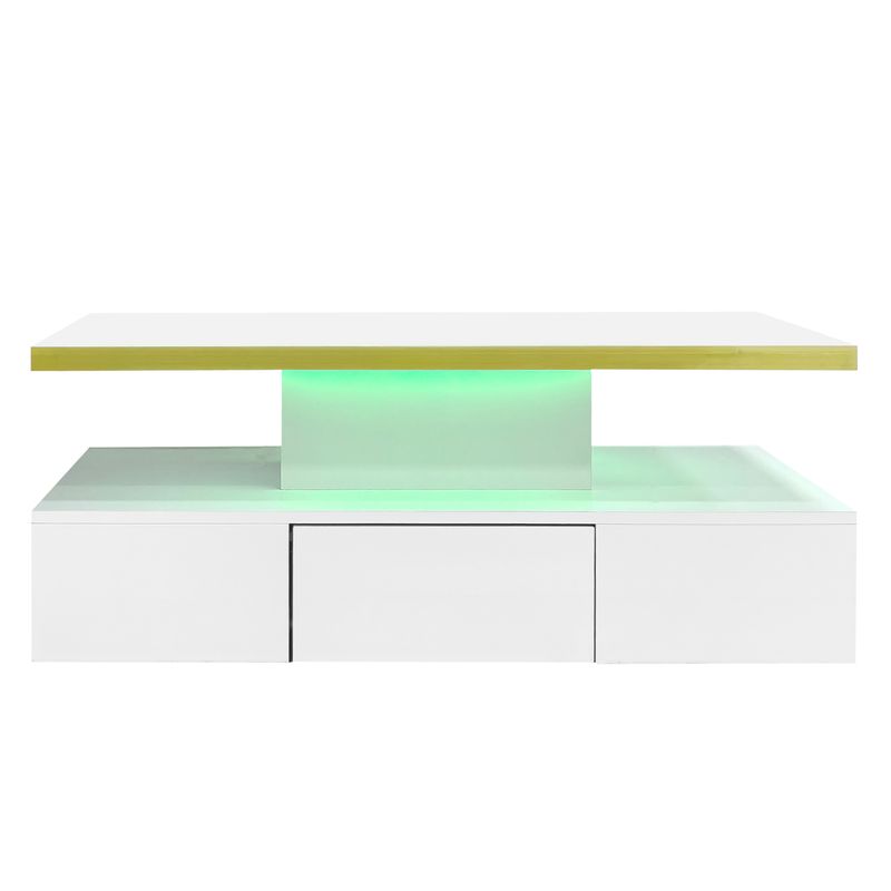 Table basse moderne avec tiroirs, finition brillante, table d'appoint à 2 niveaux avec éclairage LED_voghion.com