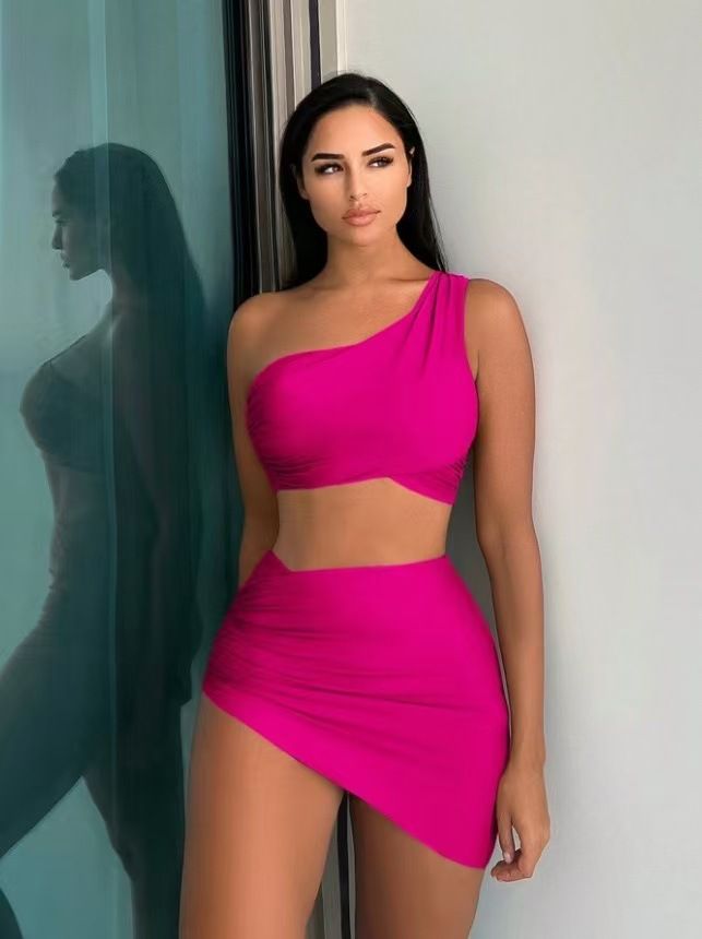 Damenbekleidung Badeanzug Split Bikini Einfarbig Einschultriger Badeanzug Weibliches Stückset_voghion.com