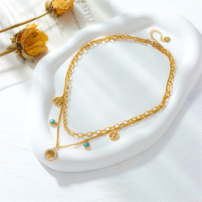Fashionable niche retro simple high-end round diamond tree of life turquoise pendant double chain necklace_voghion.com