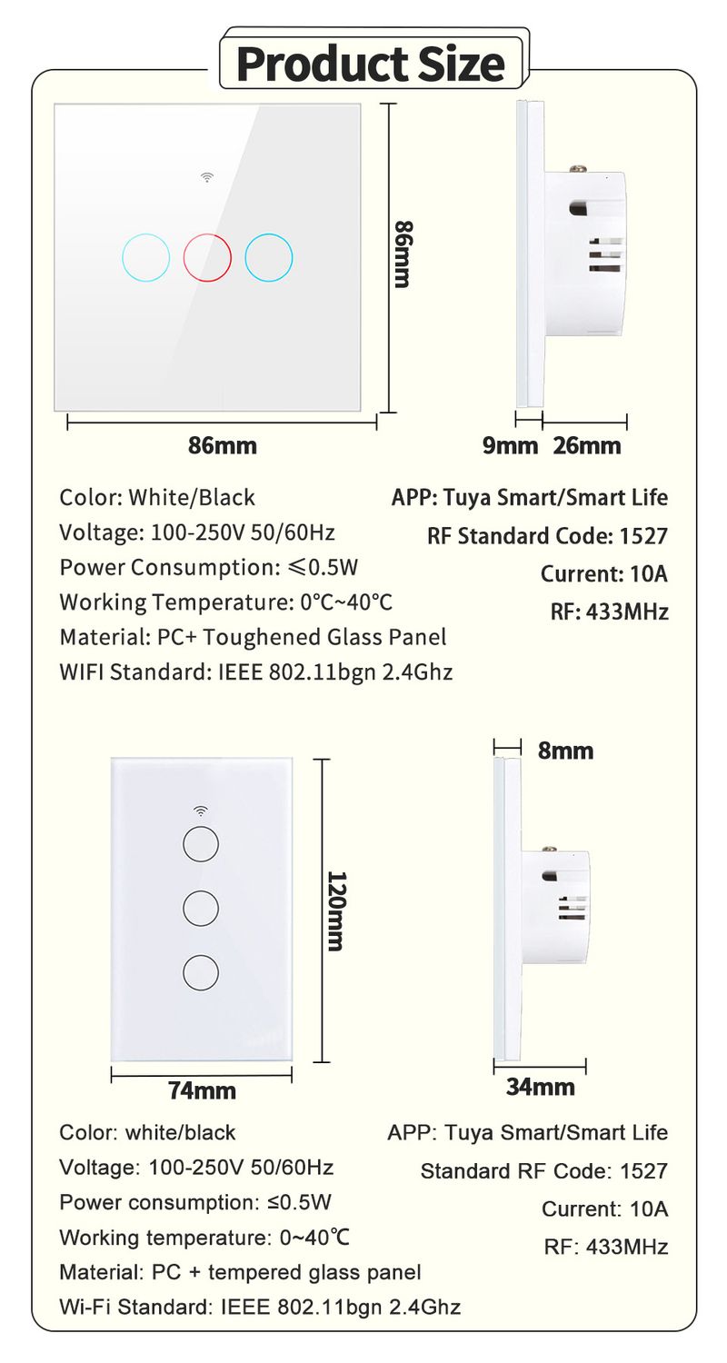 Smart Touch-afbryder Tuya Wifi-vægafbryder Alexa til belysning 1/2/3-gang 433Mhz 220V/110V uden neutral Google Home_voghion.com