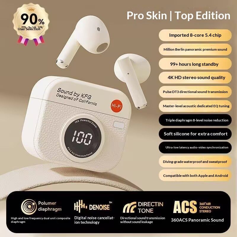 NeoGear Cross-Border 2025 New Smart Digital Display Berlin Sound High-Quality Retro Camera In-Ear Bluetooth Earphones Q86_voghion.com