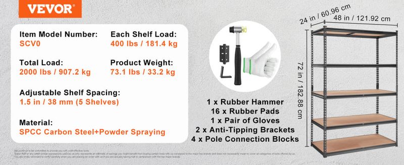 VEVOR Storage Shelving Unit, 5-Tier Adjustable, 2000 lbs Capacity, Heavy Duty Garage Shelves Metal Organizer Utility Rack, Black, 48" L x 24" W x 72" _voghion.com