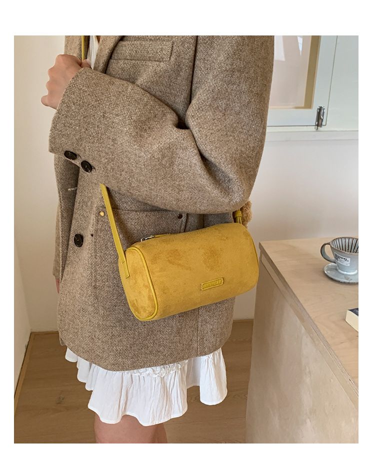Borsa a tracolla singola da donna, in morbida pelle scamosciata, casual, alla moda, autunno inverno, con secchiello e cilindro_voghion.com