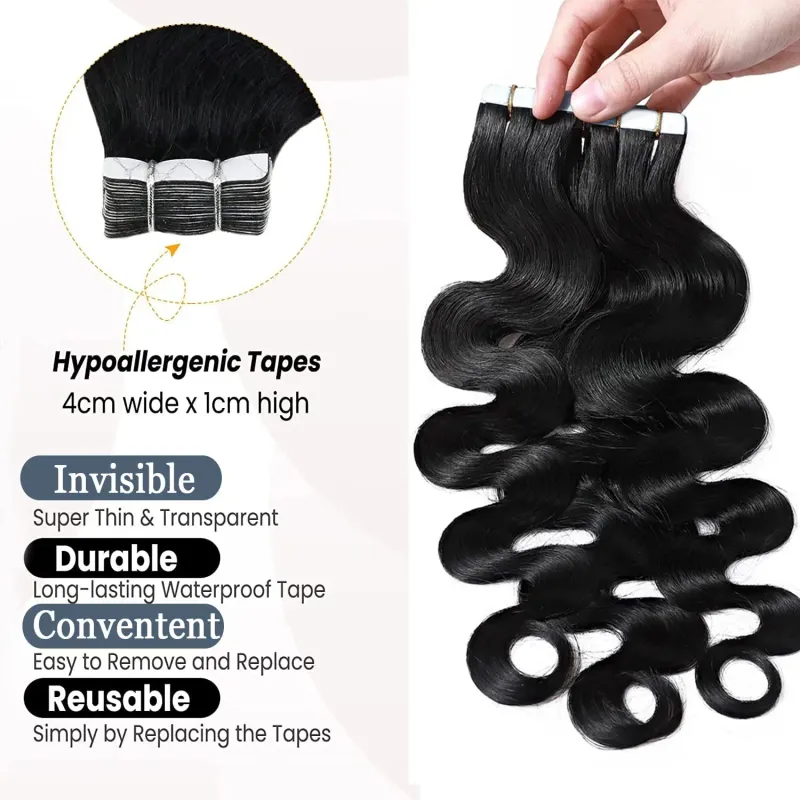 Extensions de cheveux ondulés noirs naturels à bande adhésive pour femmes noires Cheveux humains_voghion.com