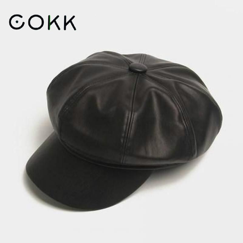 Moda COKK Cappello in pelle Autunno Inverno Berretto da giornalaio Donna Nero Moda Donna Vintage Cappelli Gorros Berretto_voghion.com