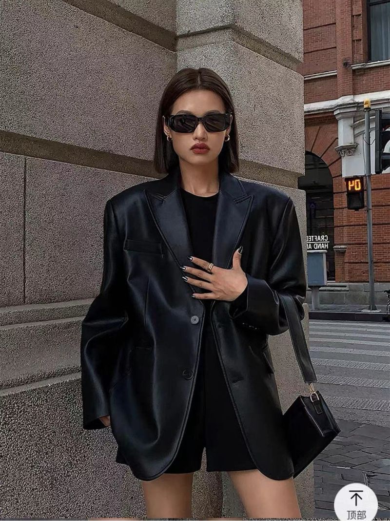Giacca in pelle da donna di marca europea e americana alla moda, giacca da abito autunnale e invernale in pelle PU con texture avanzata_voghion.com