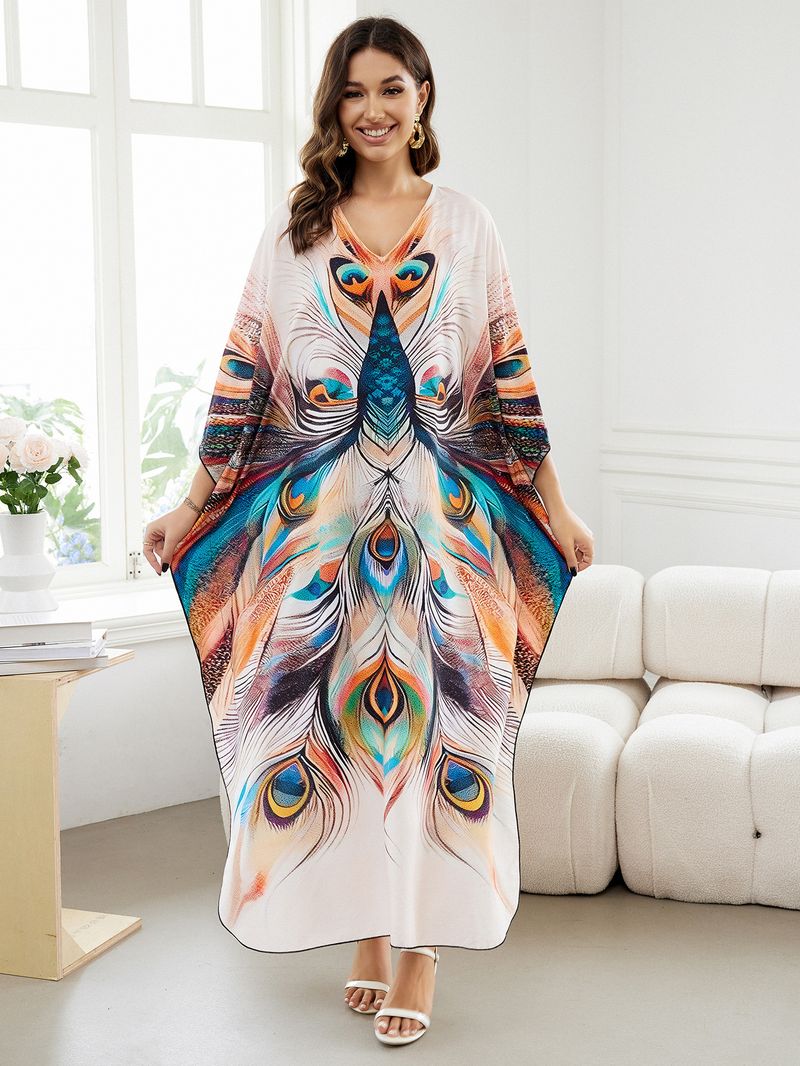 Sukienka maxi z nadrukiem w stylu boho, damska, narzutka z wiskozy – zwiewna tunika plażowa z etnicznymi wzorami, luźny krój w dużych rozmiarach, narzutka na bikini, strój na wakacje_voghion.com
