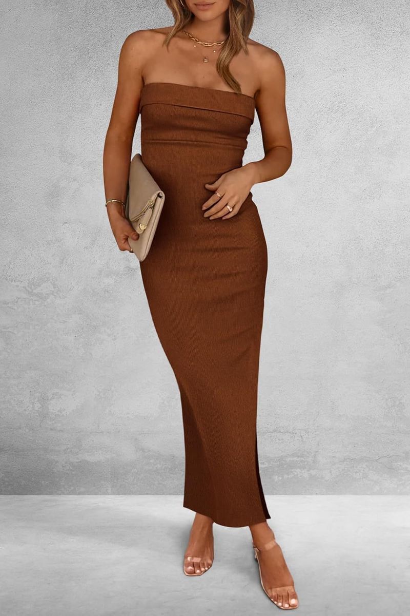 Damenbekleidung Sommer Bodycon Langes Kleid Geripptes Tube Top Seitenschlitz Elegantes Slim Fit Kleid für lässige Partykleidung_voghion.com