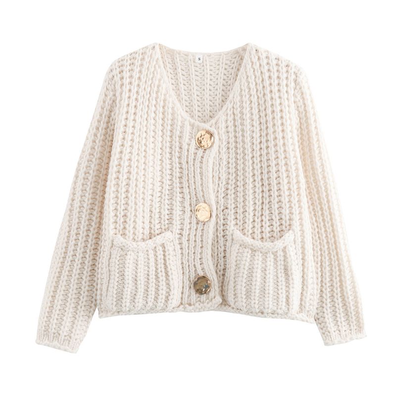 Women’s Chunky Knit Cardigan – Oversized V-Neck Button-Up Sweater (Red, Ivory, Navy, Army Green, Coffee, Black)_voghion.com