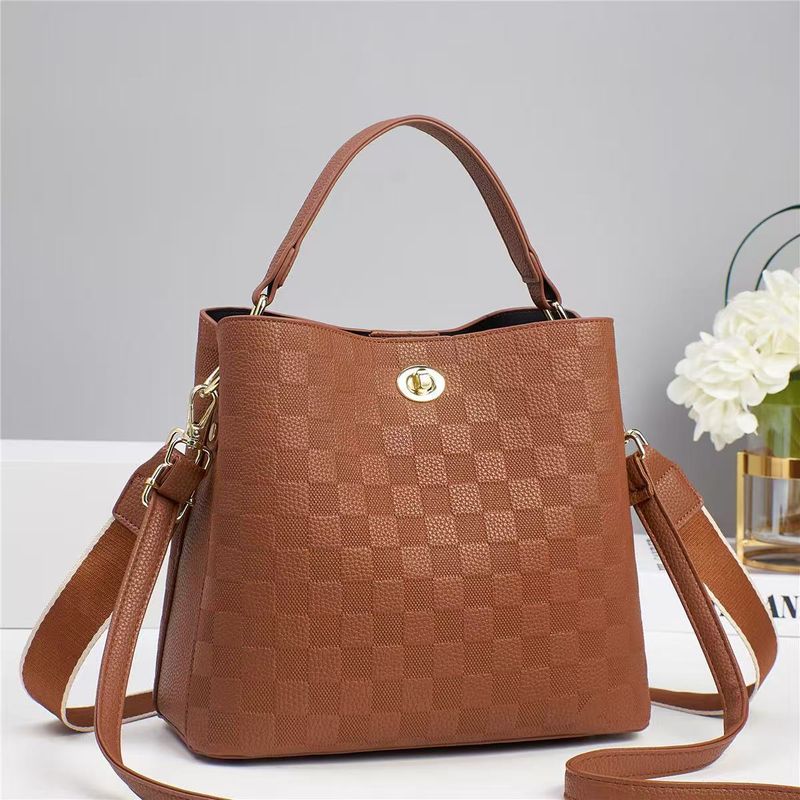 Borsa a secchiello da donna, grande capacità, borsa alla moda da donna, semplice borsa a tracolla a mano con tracolla a mano e motivo scozzese in rilievo di litchi_voghion.com