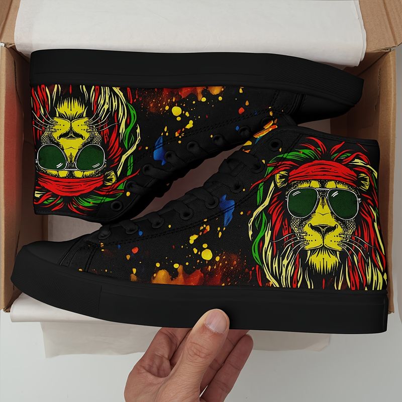Baskets montantes pour homme motif lion avec lunettes : toile résistante, lacets confortables et antidérapants. Pour l'extérieur, la marche, le jogging et les voyages. Toutes saisons._voghion.com