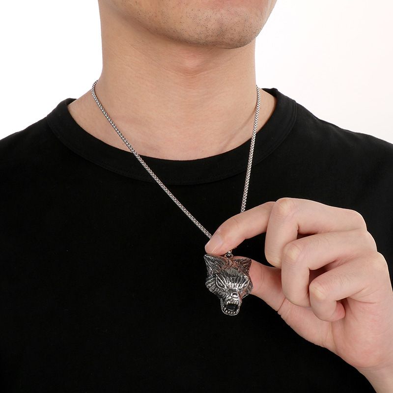 Collana antica a forma di animale da uomo, stile punk, con ciondolo a forma di testa di leone, testa di lupo, volpe, acciaio al titanio_voghion.com