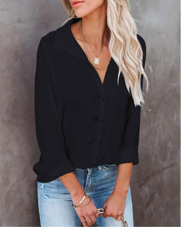 Camisa feminina casual folgada manga comprida abotoada decote em V_voghion.com