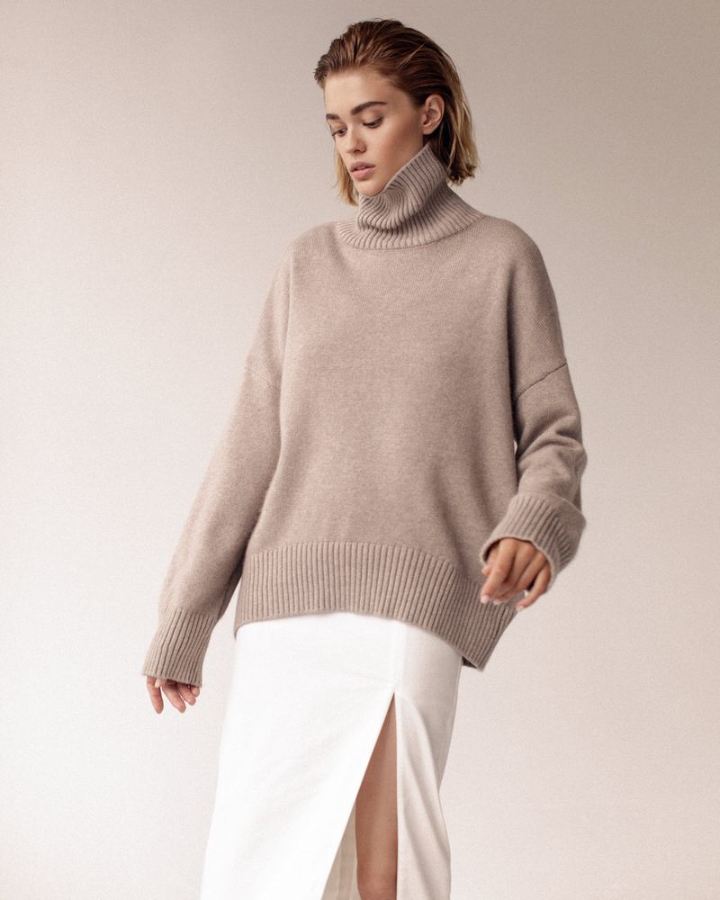 Damenbekleidung Dicker Strickpullover Winter Übergroßer Pullover mit hohem Halsausschnitt Warmes, gemütliches Tunika-Oberteil Lässige, lockere Passform, lange Ärmel_voghion.com