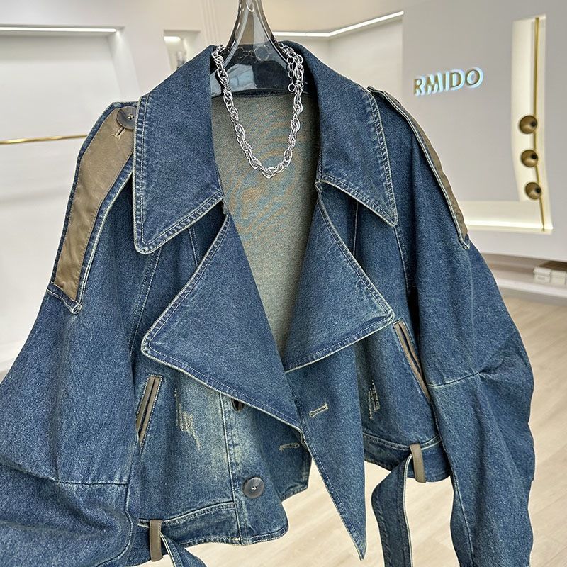 Women's Clothing Leather Denim Short Jacket Vintage Distressed Denim Jacket Women's Casual Oversized Short Coat With Patchwork Design, Retro Blue_voghion.com