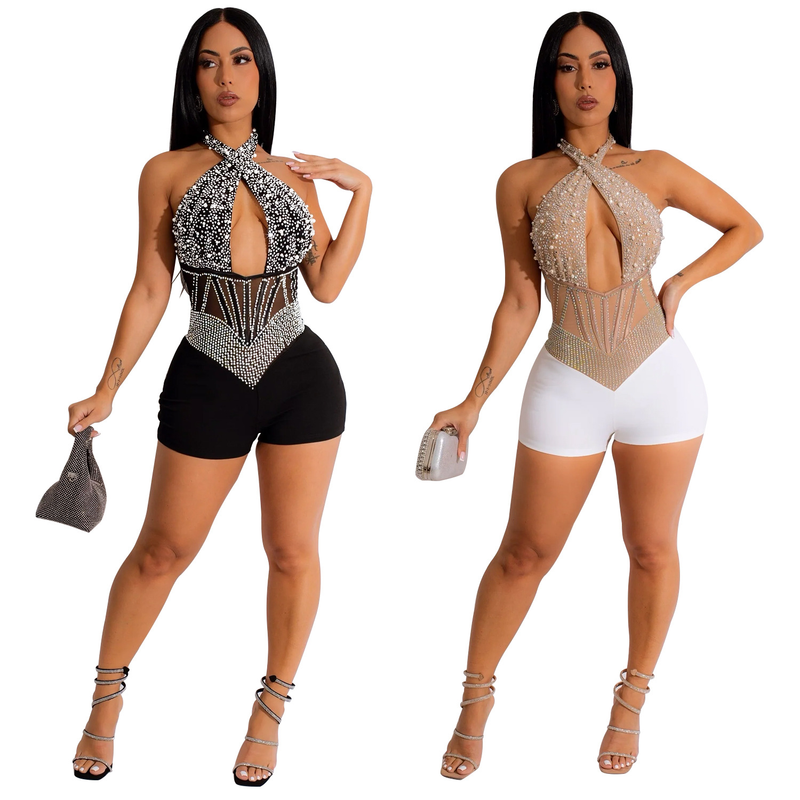 Women's mesh mesh perm beads sleeveless shorts jumpsuit_voghion.com