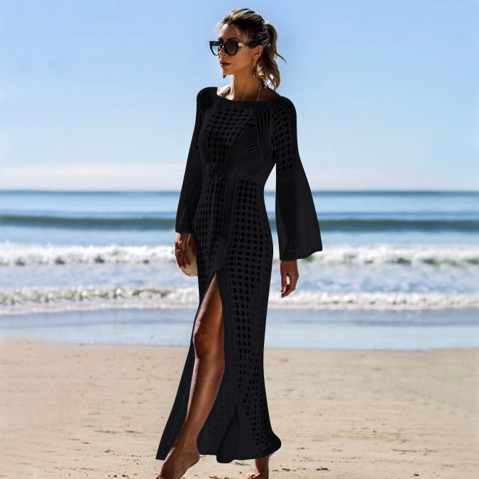 Abbigliamento da donna, sexy, in maglia cava, da spiaggia, sexy, in pizzo, in maglia, da spiaggia, abito a maniche lunghe, con spacchi laterali, costume da bagno, copricostume trasparente per donna_voghion.com