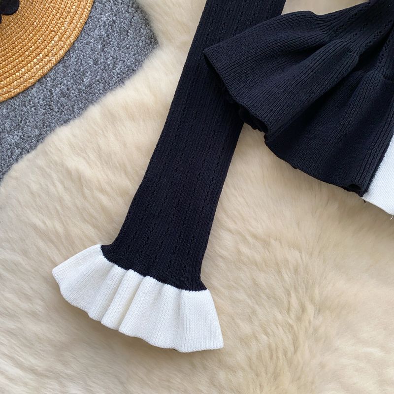 Women's Clothing Metal Button Waist Long Sleeve Luxury-Inspired Contrast Trim Metal Button Long Sleeve Knit Top – Slim Fit High Waist Staple For Fall_voghion.com
