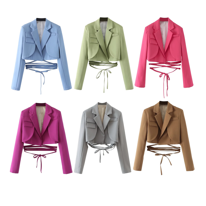 Womens' clothes Spring suit with slit cuffs for women new style waist strap ultra short long sleeve suit jacket top 8PS27011_voghion.com