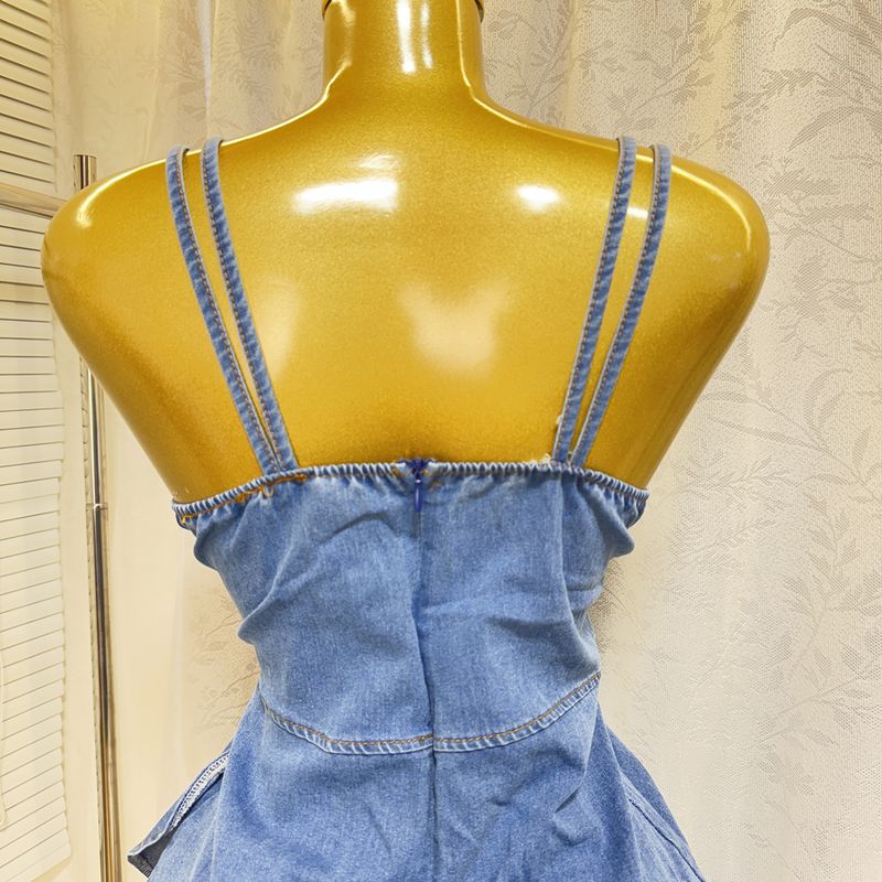 Abito estivo da donna con elastico in vita, sexy, in denim, con bretelle e gonna arricciata_voghion.com