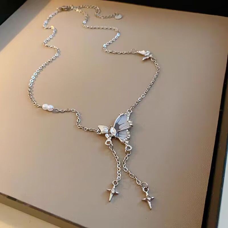 Cool butterfly tassel pearl necklace for women summer new clavicle chain sweet and cool versatile temperament girlfriend accessories_voghion.com