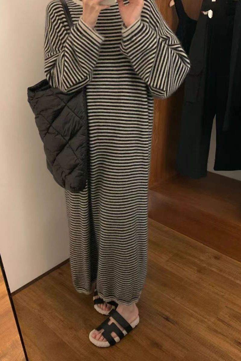 Stil Pullover Gestreift Gestrickt Für Frauen Herbst Winter Mittellangen Inneren Passenden Mantel Basis Wolle Langes Kleid_voghion.com