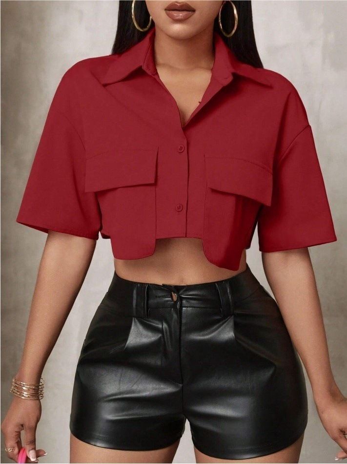Cárdigan holgado de color liso con solapa de nicho para mujer, diseño de ropa para otoño e invierno, camisa corta con doble bolsillo y nuevo temperamento._voghion.com