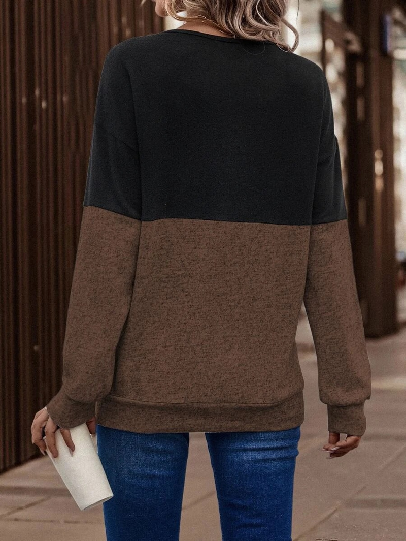 Women's clothing New V-neck Cross Contrast Color Splicing Drop Shoulder Sleeve Casual T Top for Women_voghion.com