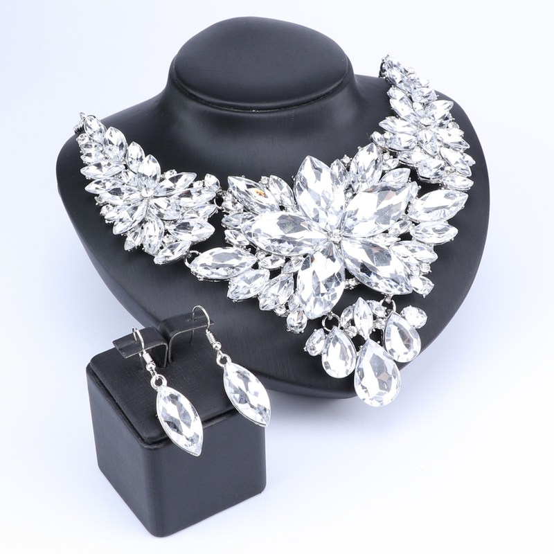 Kristall-Choker-Statement-Halskette, Ohrring-Schmuckset, Strass-Hochzeitsgeschenk, Frauen, Bräute, Abschlussball, Party_voghion.com