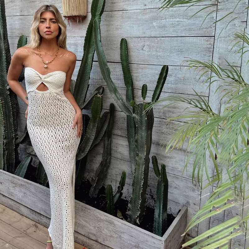 Damenbekleidung, neue Sommer-Bloggerin im BH-Stil, Tube-Top, offenes Netz, hohl, gestrickt, elastisch, hüftbedeckend, heißes Mädchenkleid_voghion.com