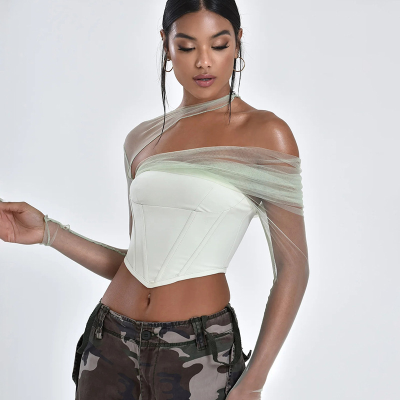 Women's temperament sexy see-through mesh stitching chest top_voghion.com