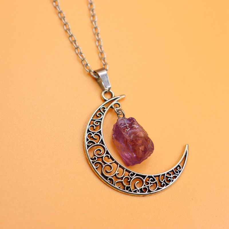 Retro Black Tourmaline & Amethyst Crystal Necklace - Starry Sky Moon Pendant With Natural Stone Sweater Chain_voghion.com