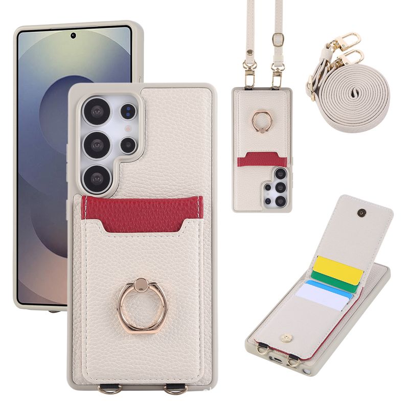 Adatto per Samsung S25 Ultra Custodia in pelle per cellulare con slot per schede S24 S23 Custodia per cellulare con anello con motivo a litchi e cordino_voghion.com