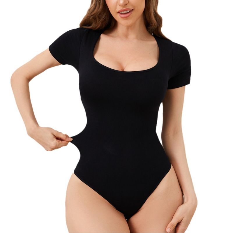 Tuta modellante a maniche corte senza cuciture con scollo quadrato e cintura in vita, molto venduta, per le donne_voghion.com