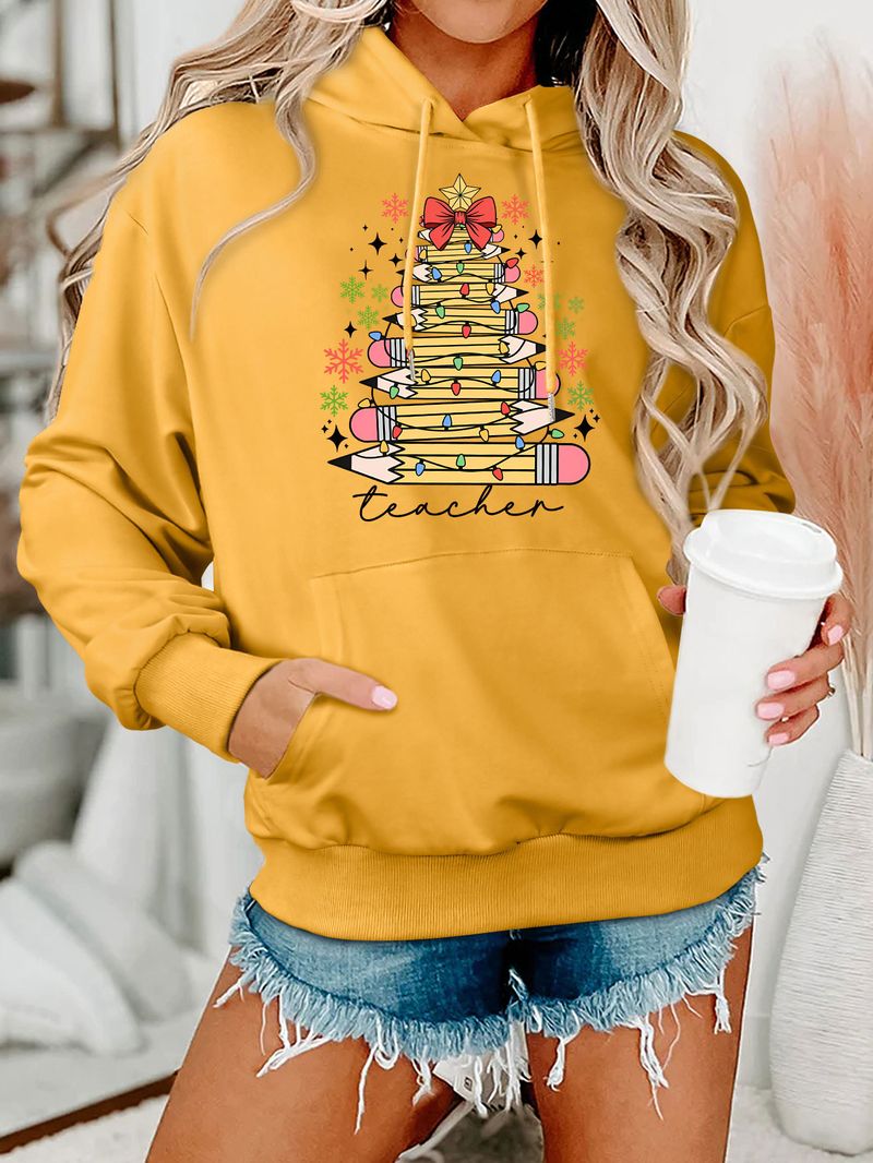 Autumn And Winter Loose Plus Size Fashion Teacher Pencil Light Bulb Women's Hooded Sweatshirt_voghion.com