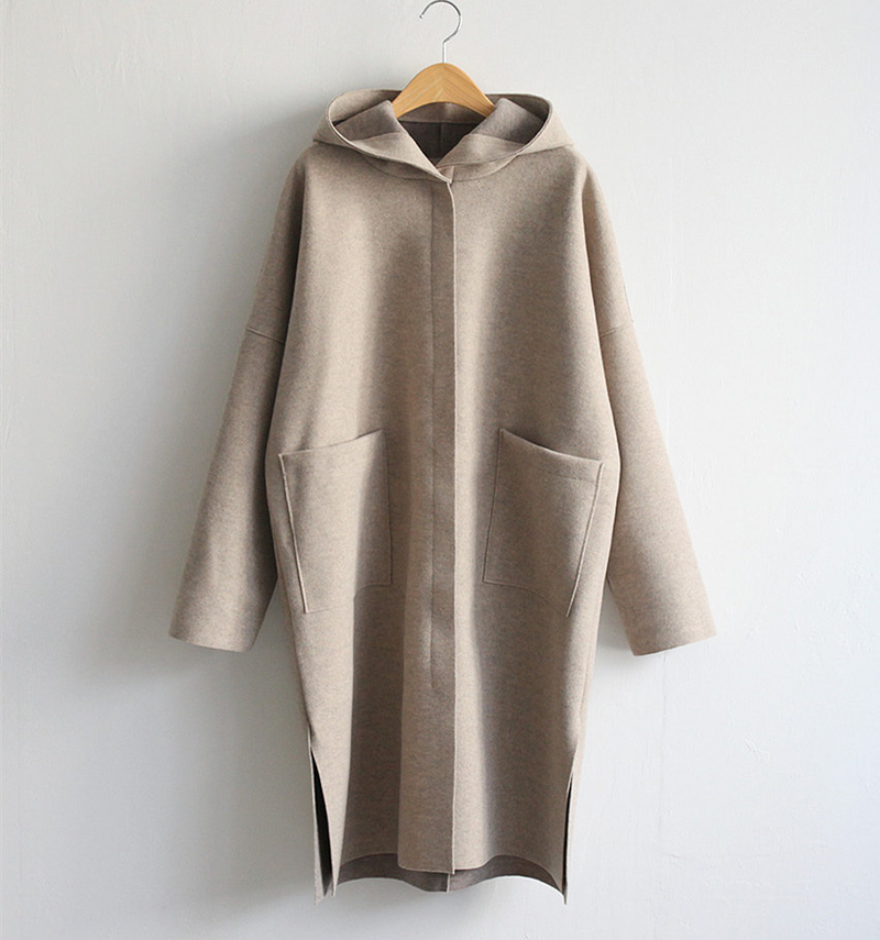 Moda autunno inverno cappotti di lana coreana donna con cappuccio in cashmere tasca aperta mantello allentato manica lunga tinta unita_voghion.com