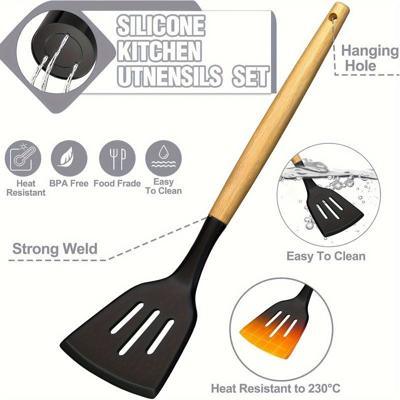 34-teiliges Küchenhelfer-Set aus Silikon mit Halter, hitzebeständig, antihaftbeschichtet, Kochgeschirr, Werkzeuge, schwarze Holzgriffe, Vatergeschenk_voghion.com