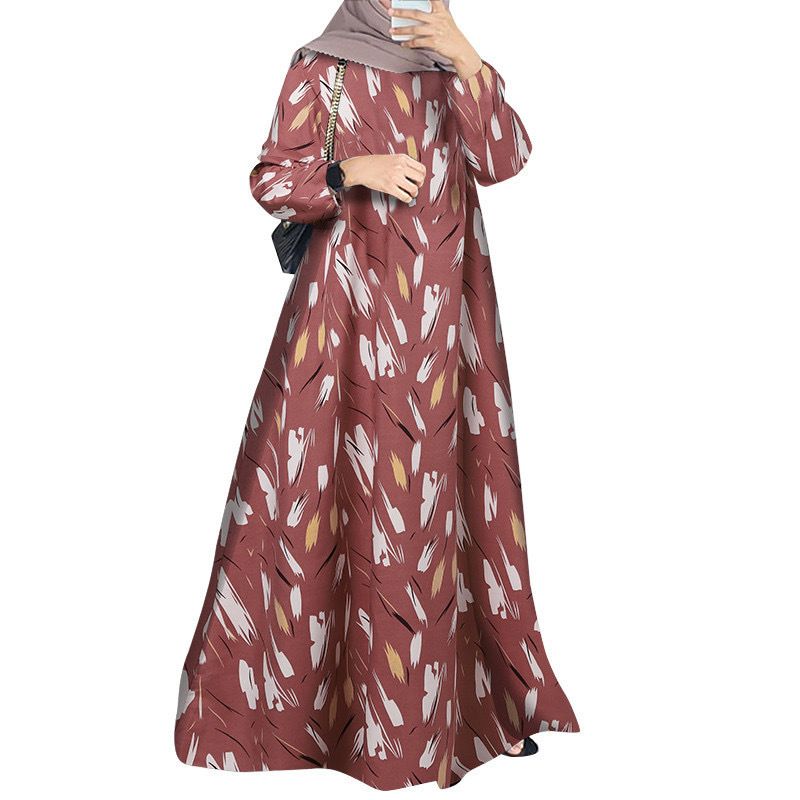 Abito da donna con stampa musulmana, abito malese, manica lunga, scollo rotondo, gonna lunga_voghion.com