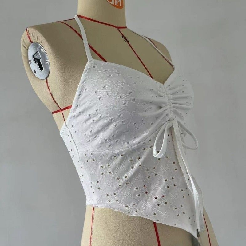 Top camisola irregular con cordón y cuello halter para mujer_voghion.com