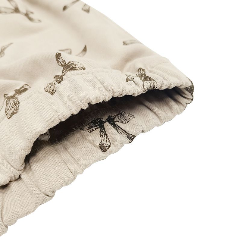 Ins Korean version girls' autumn winter new swe and stylish bow full print bubble sleeve bell bottom pants two-piece_voghion.com