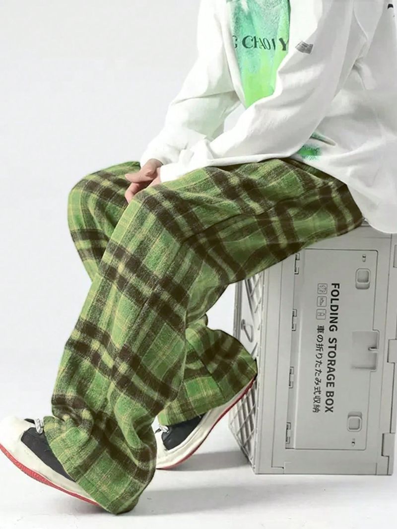 Herrenbekleidung, stilvolle karierte Hose mit weitem Bein, lässige bequeme Passform mit Farbblockdesign, Polyester-Stretchhose für den Alltag (schwarz)_voghion.com