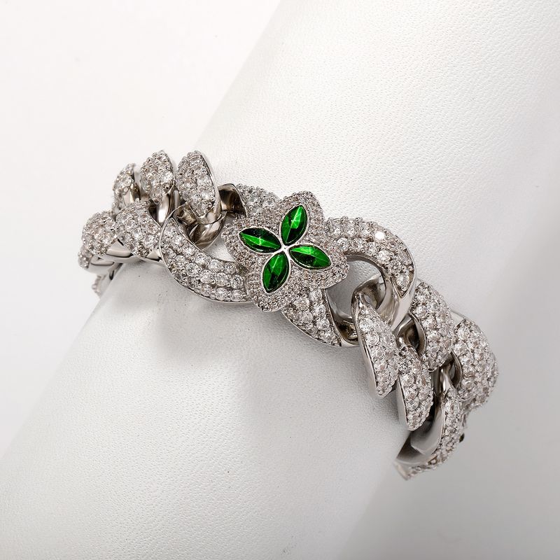 Herrenschmuck, kubanisches Gliederarmband mit vierblättrigem Kleeblatt, grünem Edelstein, verstellbarer Federverschluss, 17,8–20,3 cm, geometrisches Design, Unisex-Modeaccessoire_voghion.com