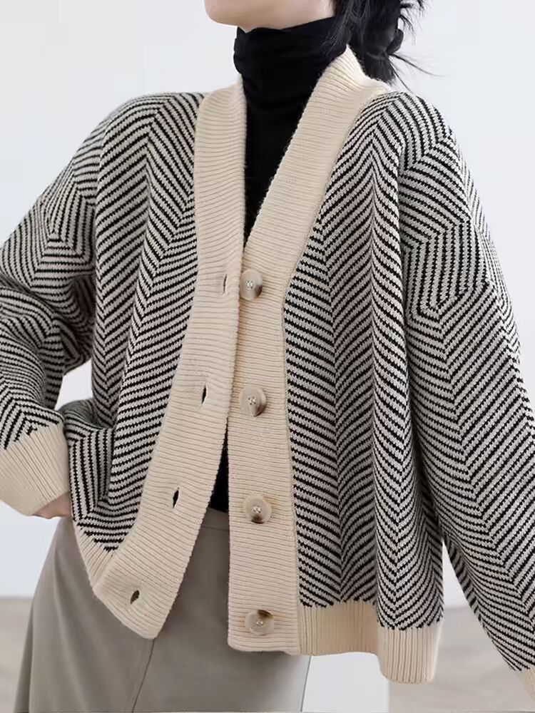 Women's autumn lazy style striped sweater jacket, loose and thick outer wear knitted cardigan_voghion.com